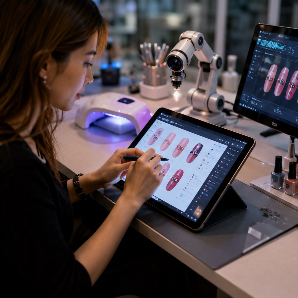 Nail technician creating AI-assisted nail art designs